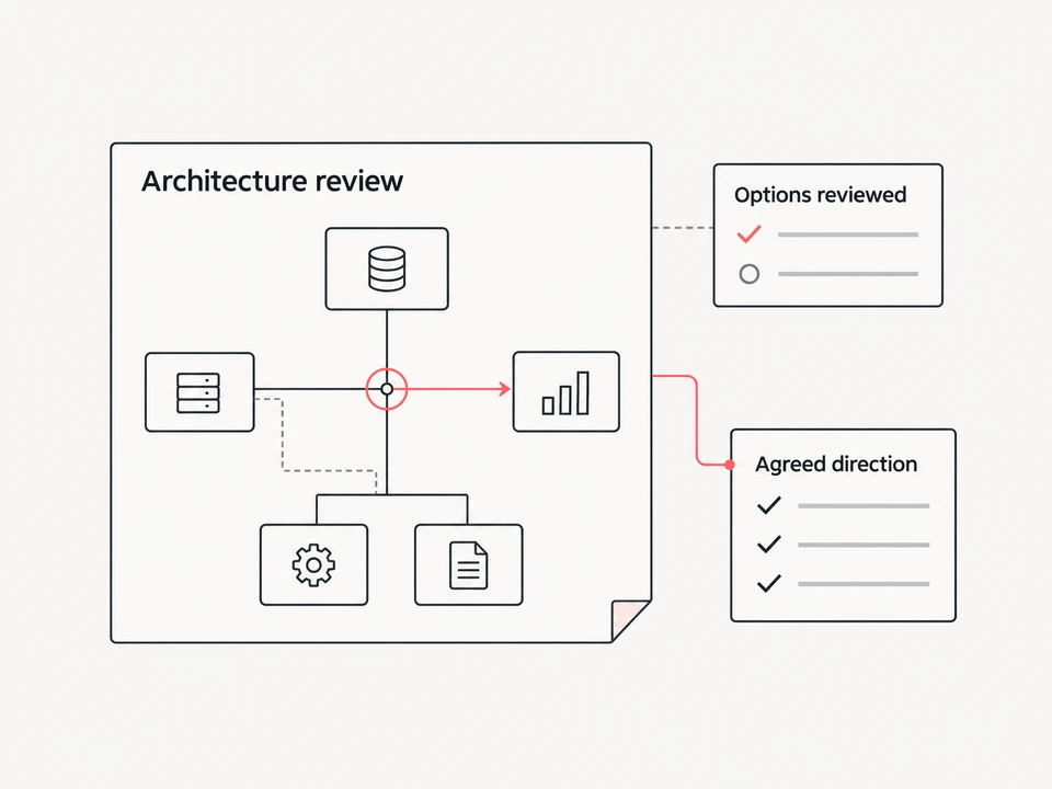 An architecture sketch with alternative connections, reviewed options and an agreed direction.